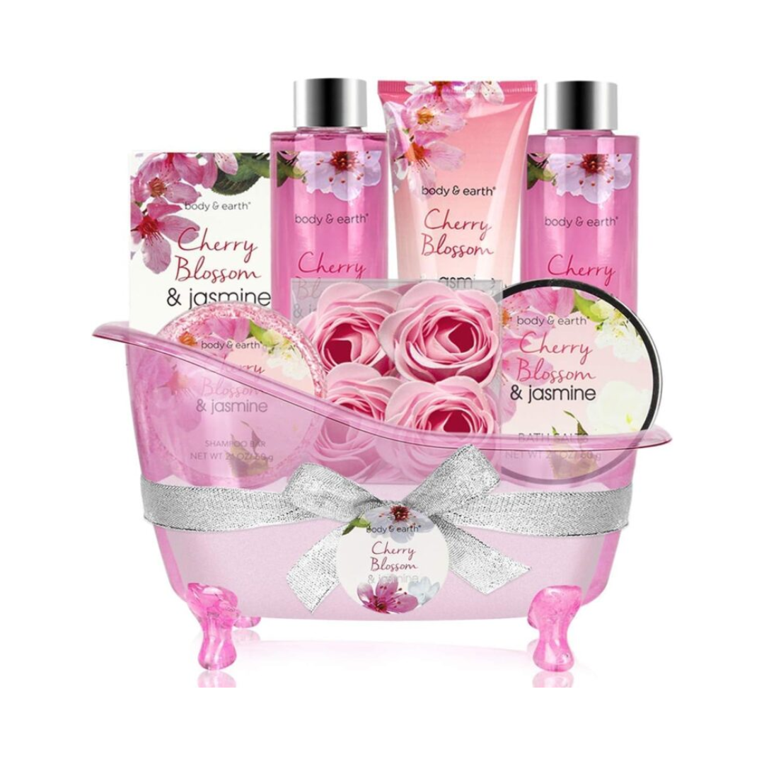 Body & Earth Cherry Blossom & Jasmine Spa Gift Set – Bath & Body Essentials in Pink Bathtub