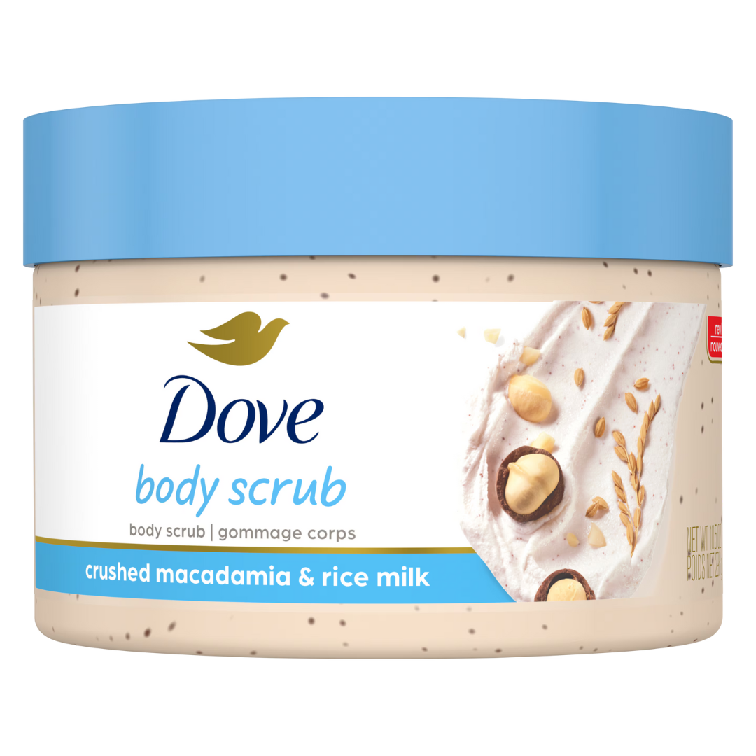 Dove body scrub jar with blue lid on a white background