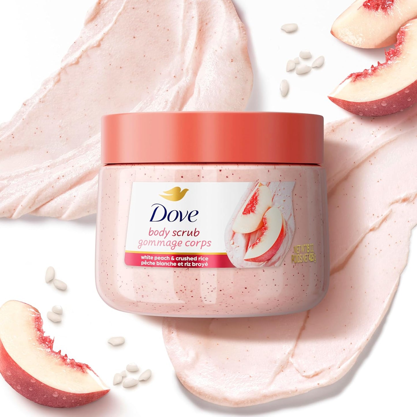 Dove Exfoliating Body Scrub – White Peach & Crushed Rice – Moderate Exfoliation – 15 oz (425g)