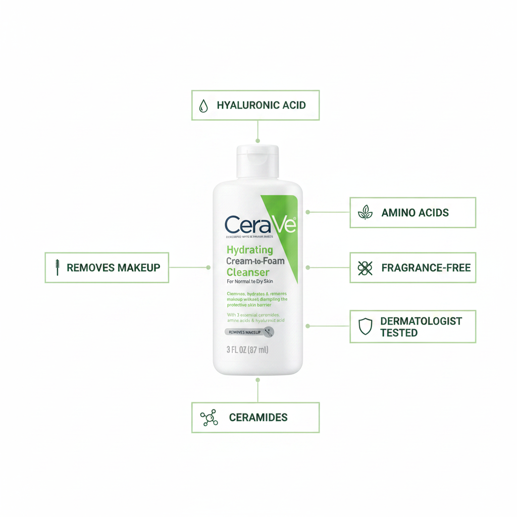 CeraVe Hydrating Cream-to-Foam Cleanser key benefits β ceramides, amino acids, makeup remover