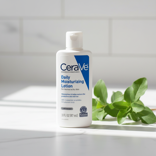 CeraVe Daily Moisturizing Lotion on marble surface with natural light – lifestyle shot