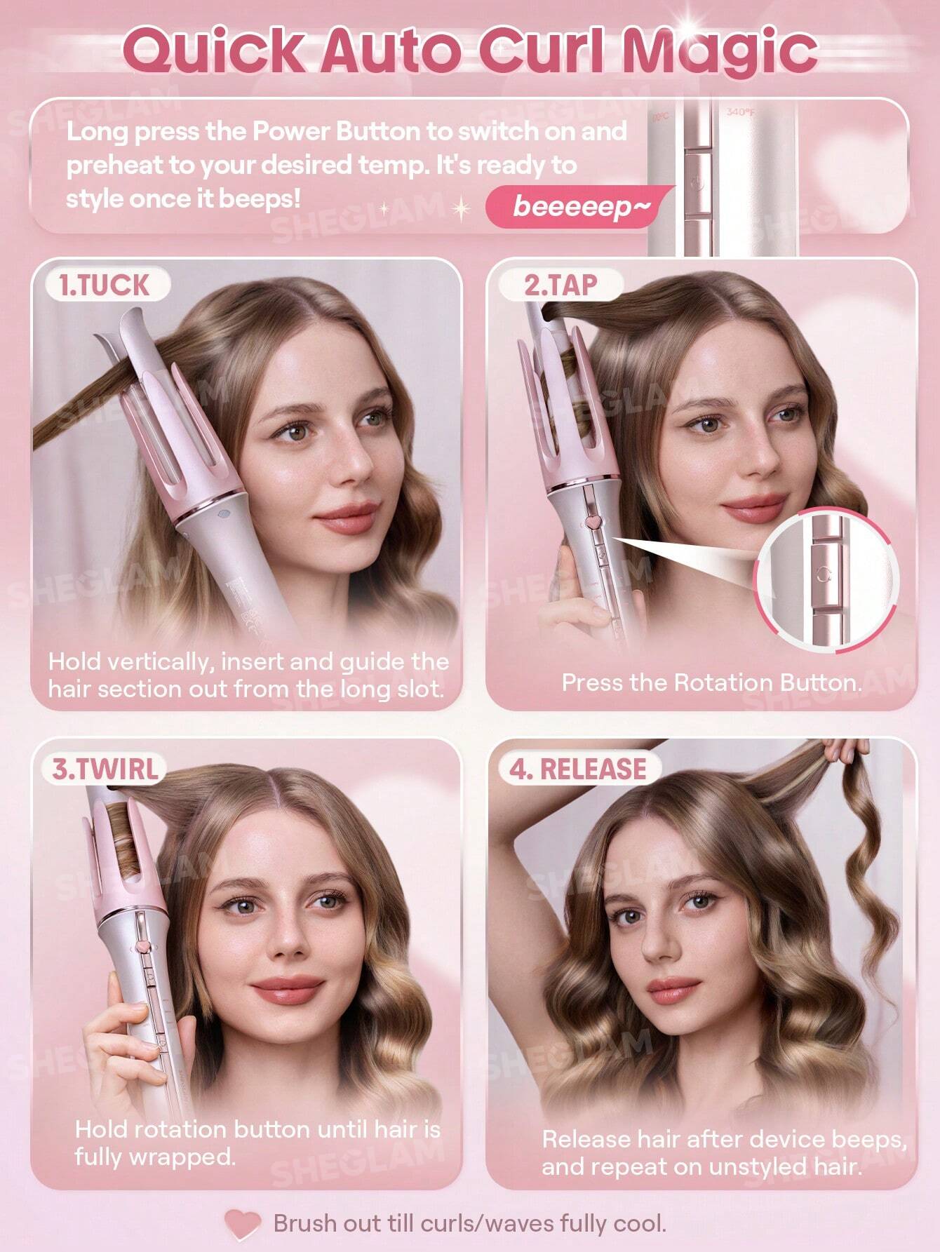 SHEGLAM Haircare Cupid's Charm One-Touch Instant Automatic Curler (32mm) - Baby Pink