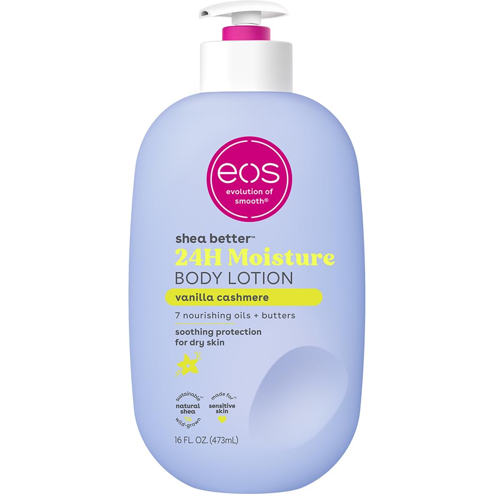 Lotion bottle with 'eos' branding on a white background