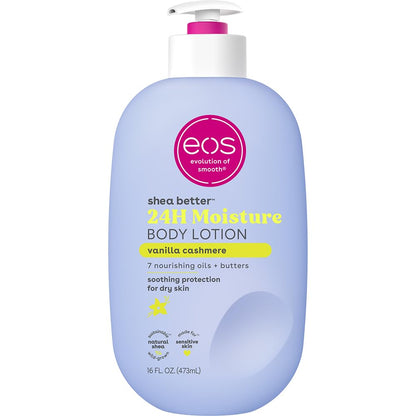 Lotion bottle with 'eos' branding on a white background