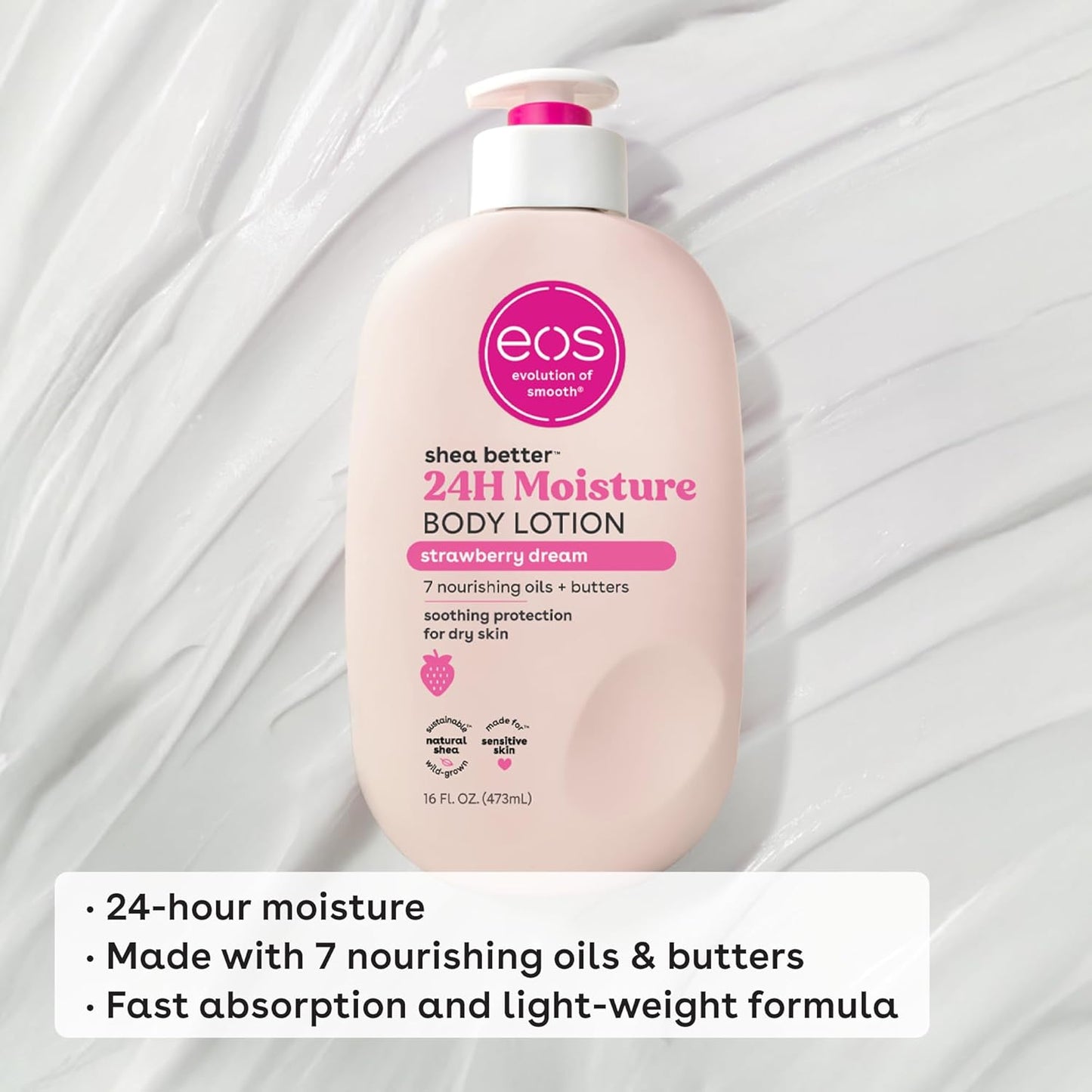 Eos Shea Better 24H Moisture Body Lotion – Strawberry Dream – Soothing Protection for Dry & Sensitive Skin – 16 fl oz (473ml)