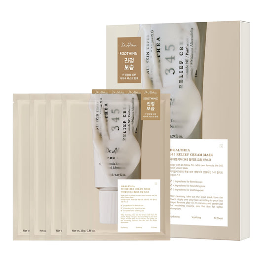 Dr. Althea 345 Relief Cream Mask 25g x 4 Sheets - Box and Individual Sheets White Background