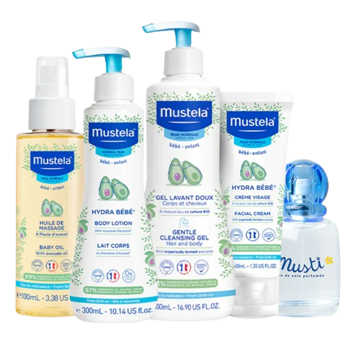 Mustela Essential Baby Skincare Gift Set – 5-Piece Newborn Bundle – Includes Cleansing Gel, Body Lotion, Face Cream, Massage Oil & Perfume