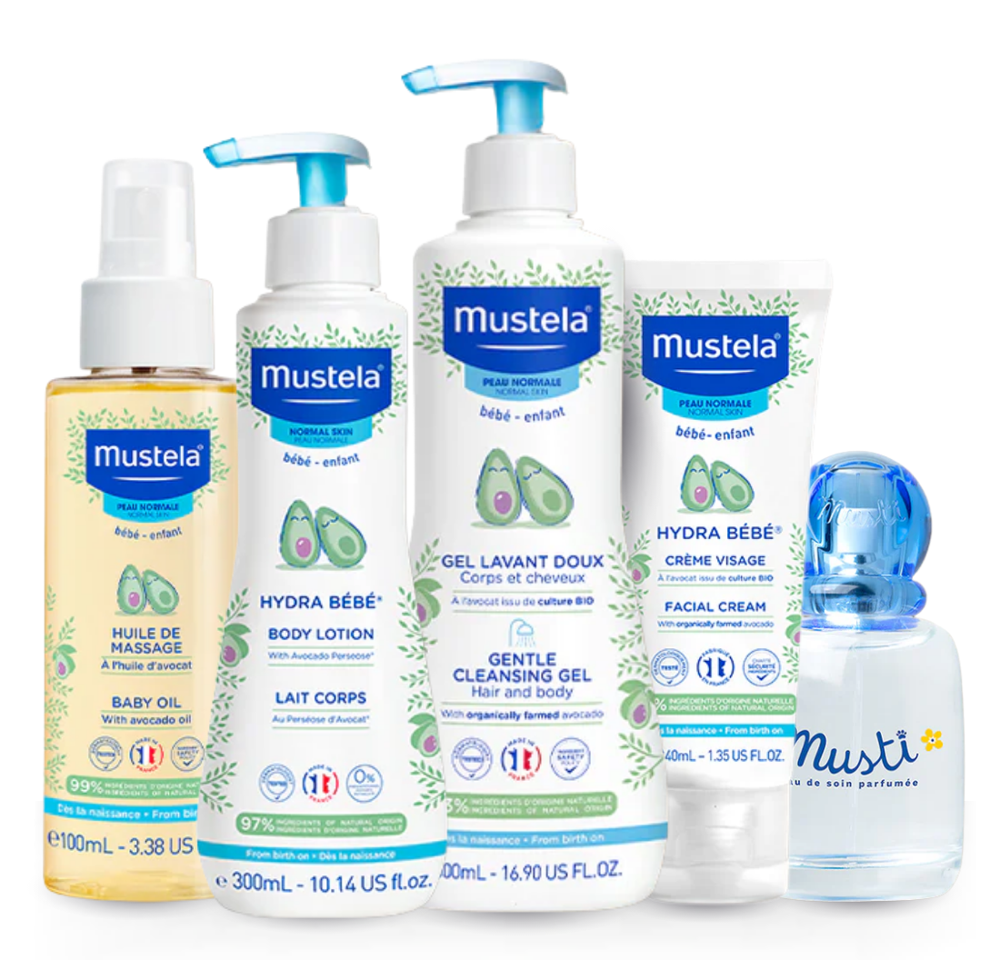 Mustela baby care product lineup on a white background