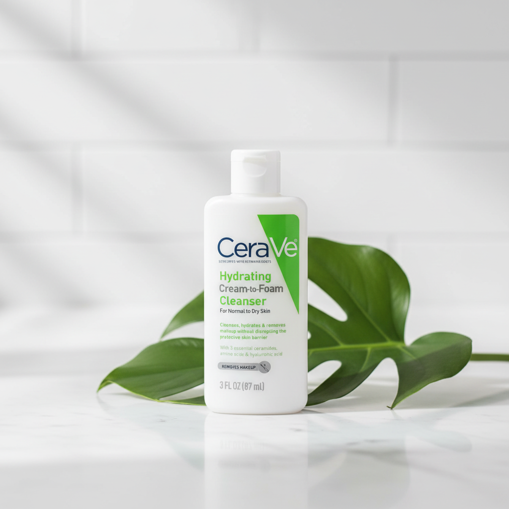 CeraVe Hydrating Cream-to-Foam Cleanser on marble surface – lifestyle shot