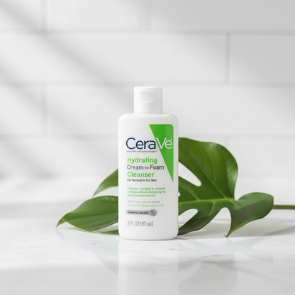 CeraVe Hydrating Cream-to-Foam Cleanser on marble surface – lifestyle shot