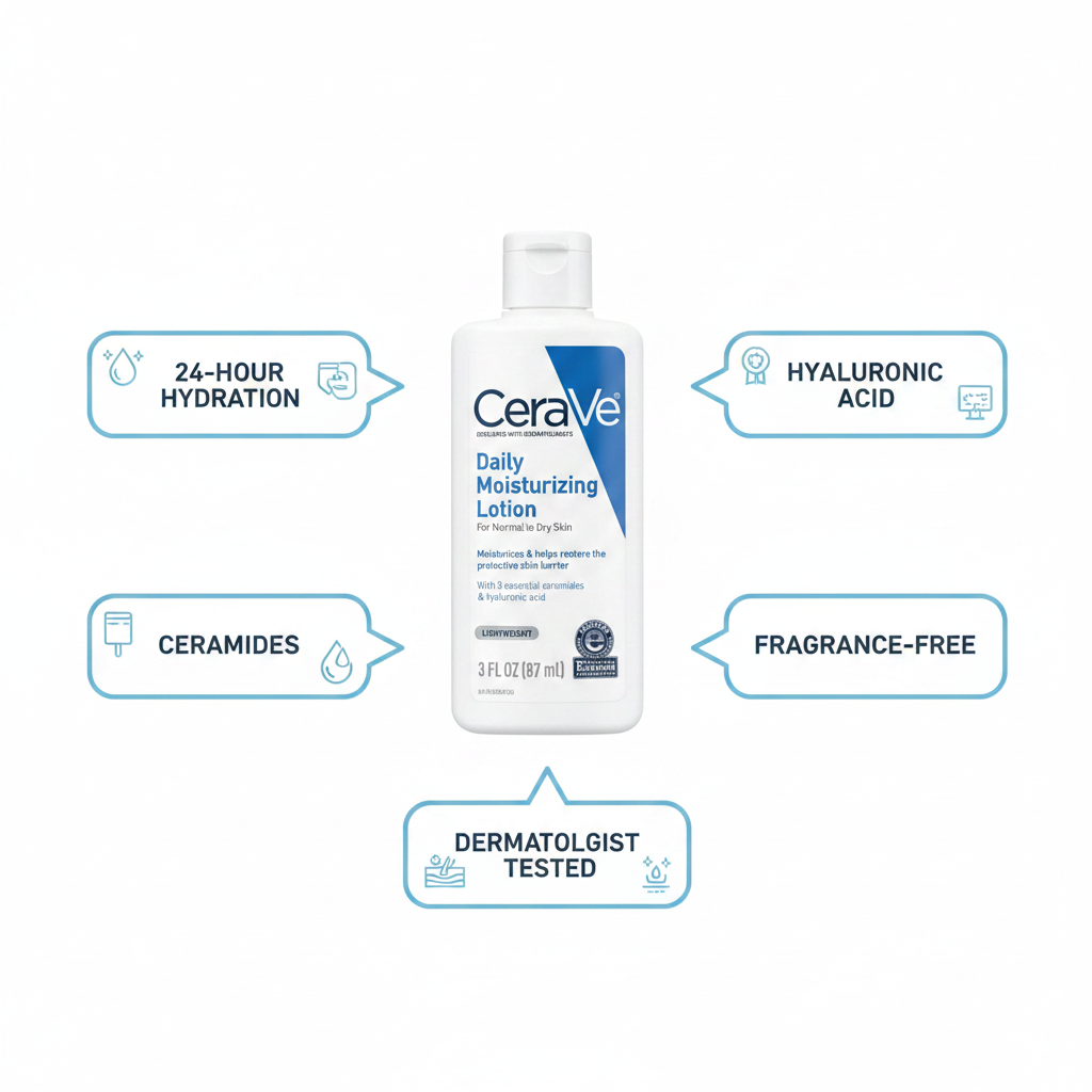 CeraVe Daily Moisturizing Lotion key benefits – ceramides, hyaluronic acid, 24hr hydration