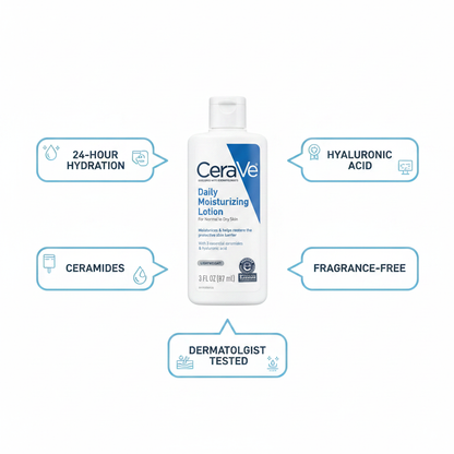 CeraVe Daily Moisturizing Lotion key benefits – ceramides, hyaluronic acid, 24hr hydration